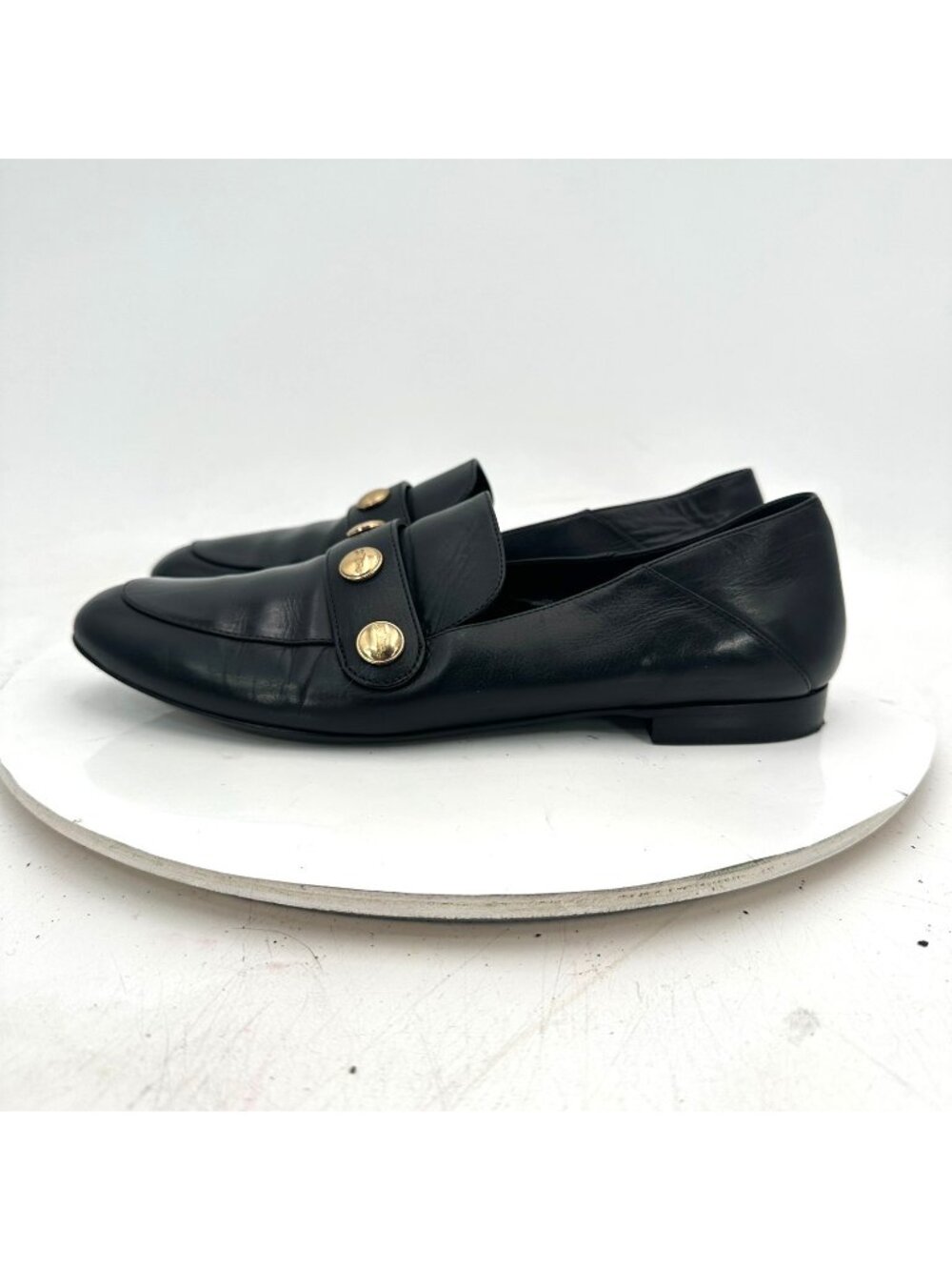 Longchamp Women Size EU 37.5 US 7.5 Black Leather Gold Button Slip On Flat Shoes